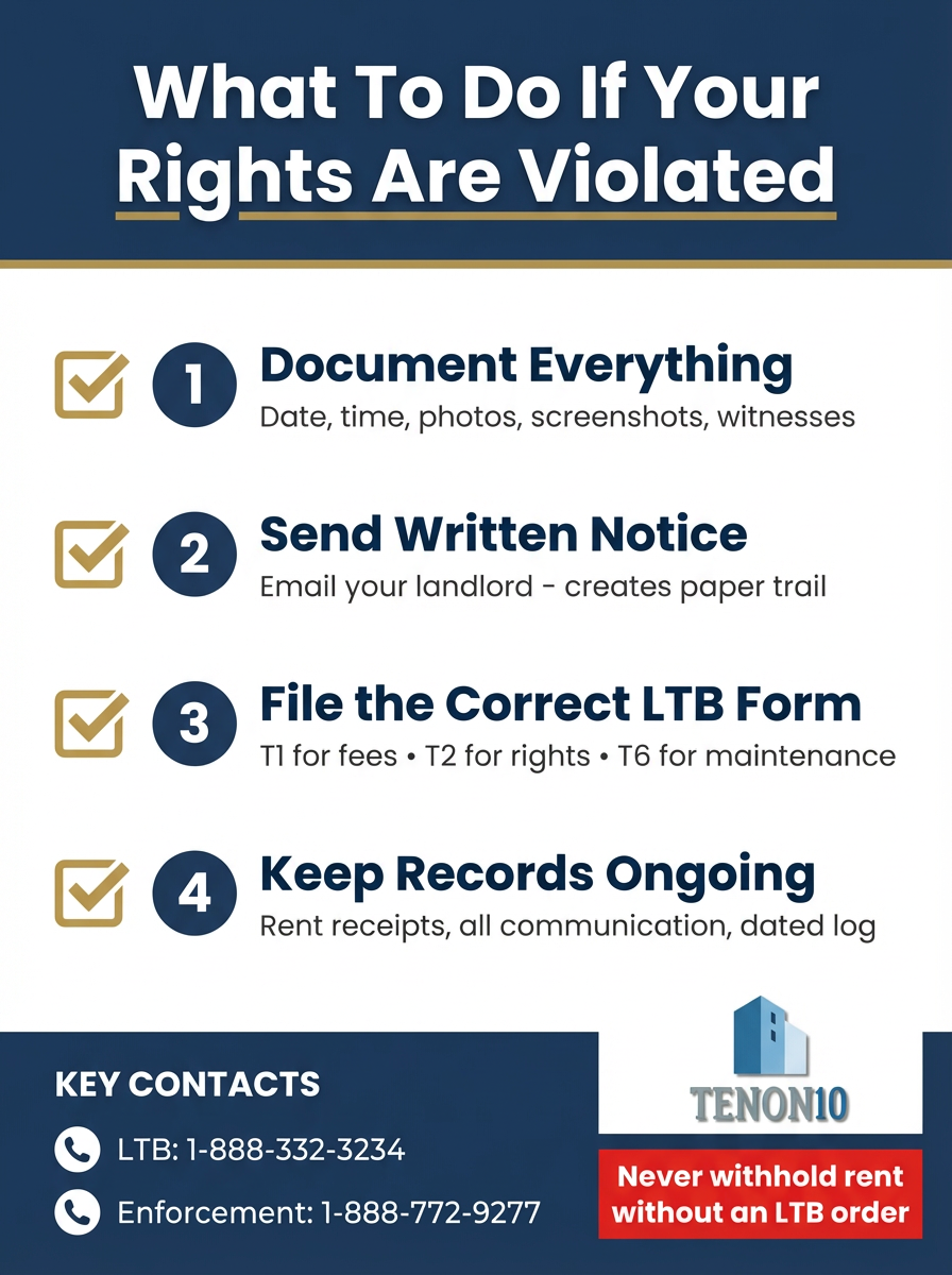 Vertical checklist graphic titled What To Do If Your Rights Are Violated. 4 numbered steps: 1) Document Everything, 2) Send Written Notice, 3) File LTB Form (T1/T2/T6), 4) Keep Records. Each step has checkbox icon. Includes key contacts section at bottom: LTB 1-888-332-3234, Enforcement 1-888-772-9277. Tenon10 branding.
