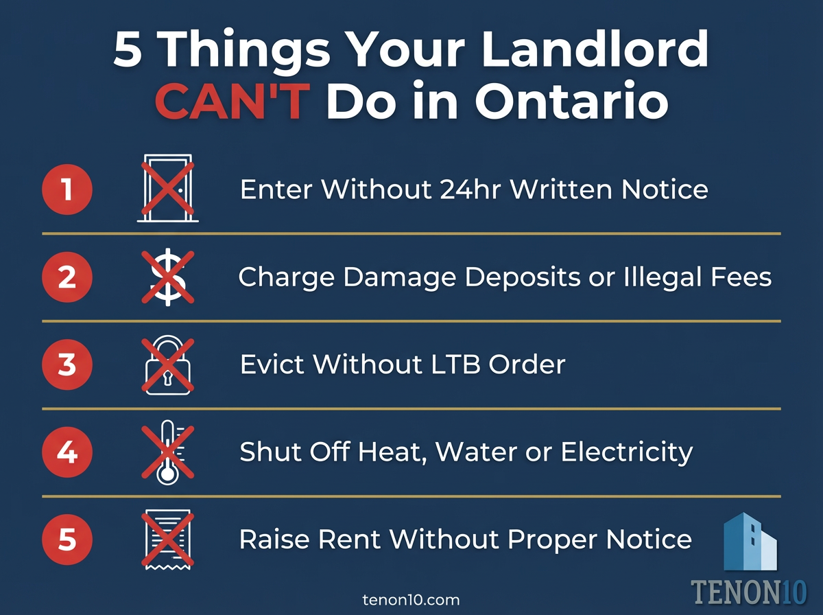 Infographic showing 5 illegal landlord actions as icons in a vertical list with icons: 1) Door icon with X - Illegal Entry, 2) Dollar icon with X - Illegal Fees, 3) Lock icon with X - Illegal Eviction, 4) Thermometer icon with X - Withholding Services, 5) Document icon with X - Illegal Rent Increase. Tenon10 branding colors (dark blue primary, gold accents). Clean modern design.