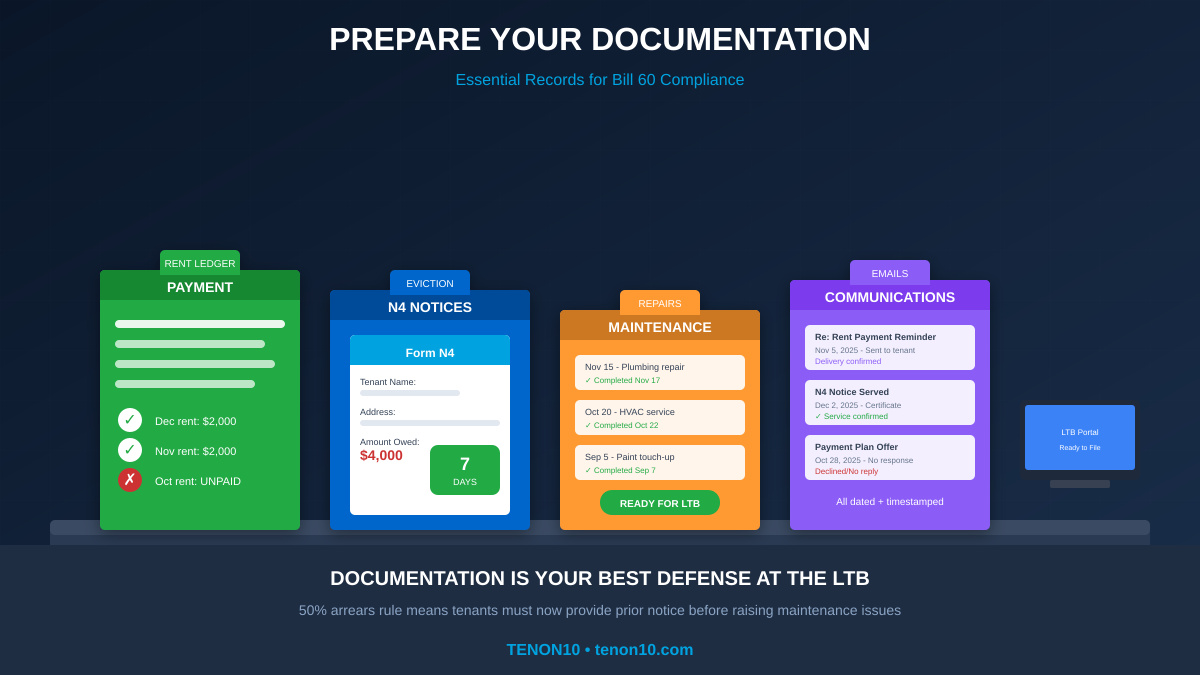Professional landlord organizing documents and maintenance records in file folders, laptop showing payment ledger spreadsheet, emphasis on organization and preparation, bright well-lit home office setting