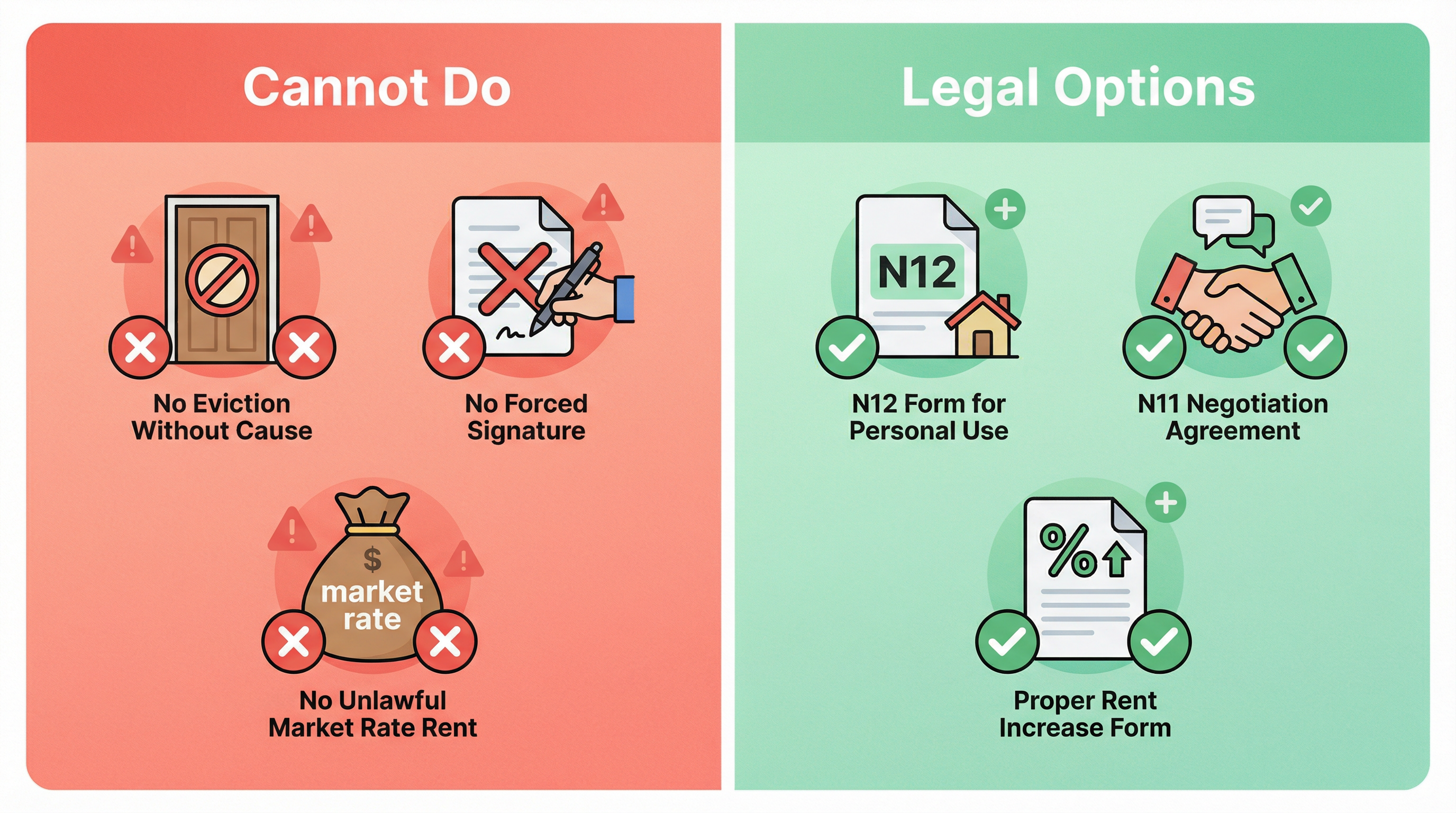 Split illustration showing what landlords cannot do with red X marks versus legal options with green checkmarks