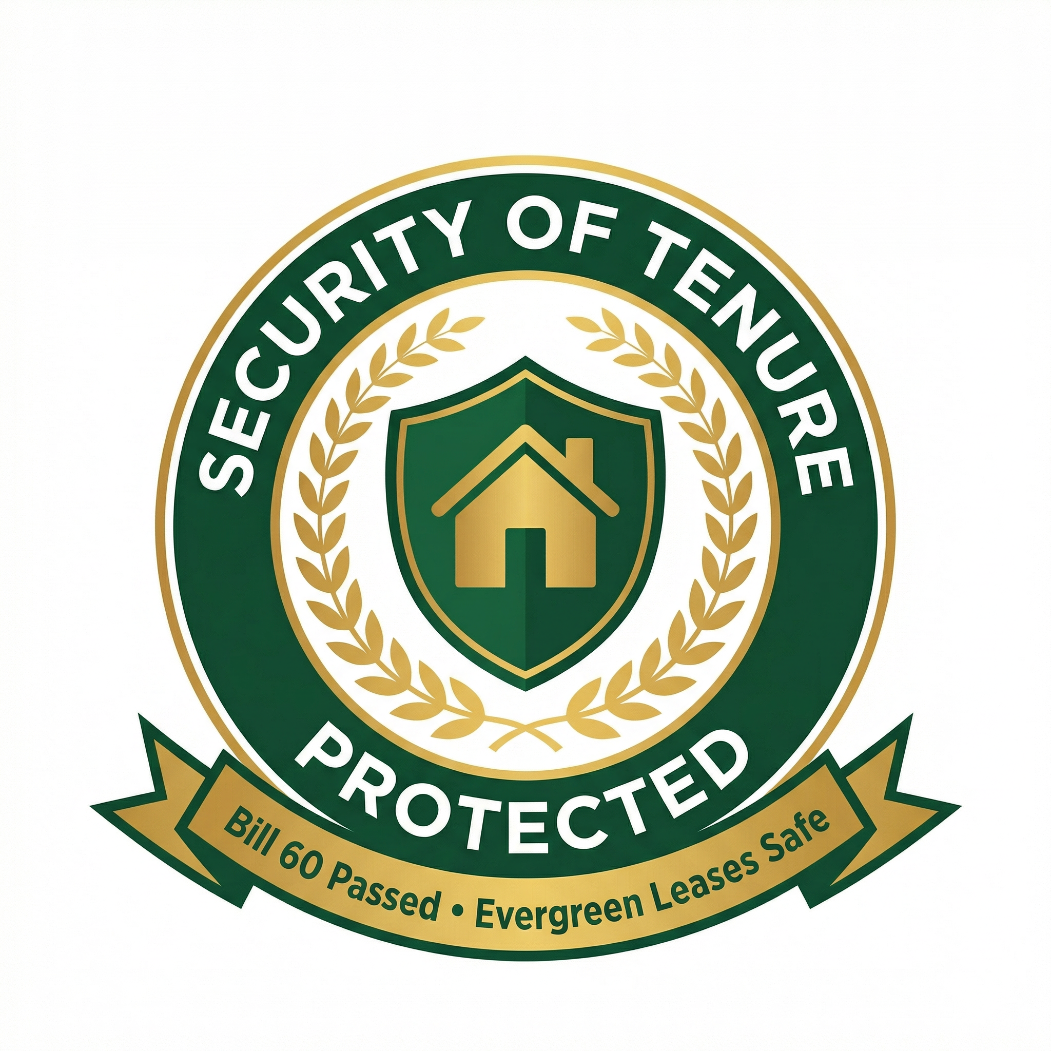 Security of Tenure Protected badge with shield icon and Bill 60 Passed Evergreen Leases Safe subtitle