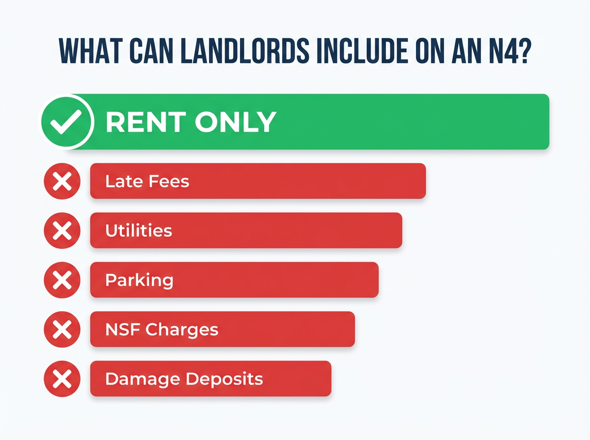 Bar graph showing What Can Landlords Include on an N4? with visual breakdown: Rent Only (green/valid), Late Fees (red/invalid), Utilities (red/invalid), Parking (red/invalid), NSF Charges (red/invalid). Clean data visualization.