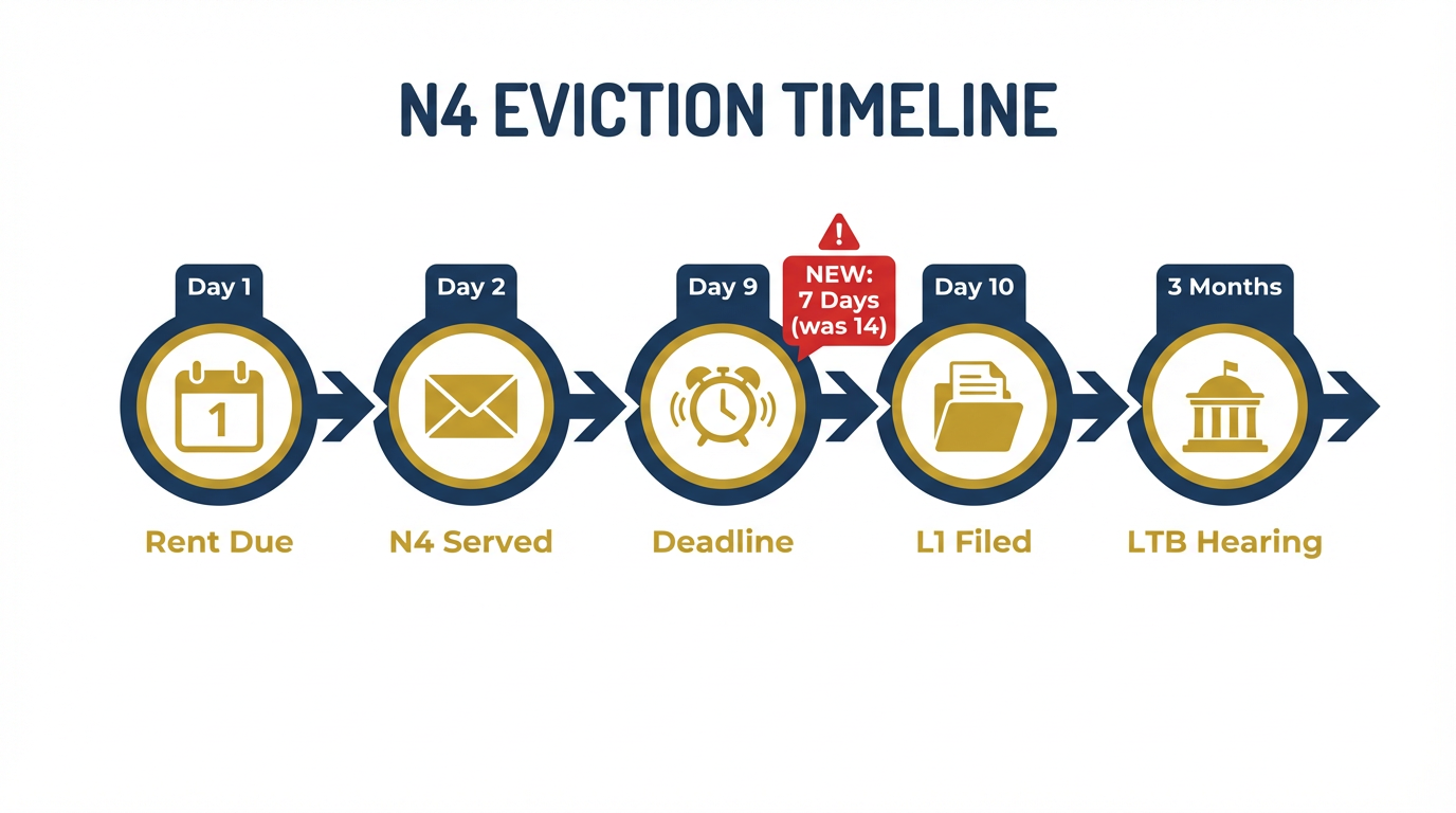 Timeline infographic showing the N4 eviction process in Ontario: Day 1 (Rent Due) → Day 2 (N4 Served) → Day 9 (7-Day Deadline) → Day 10 (L1 Filed) → 3 Months (LTB Hearing). Clean design with Tenon10 branding, blue and gold colors, icons for each step. Bill 60 callout showing NEW: 7 Days (was 14).