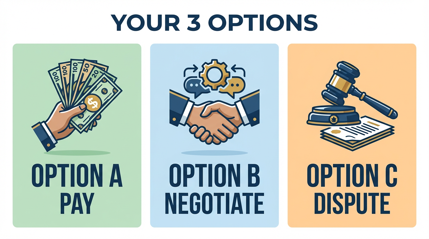 Split image showing three paths: Left panel shows hand making payment (Option A: Pay), center panel shows two people shaking hands (Option B: Negotiate), right panel shows LTB hearing room (Option C: Dispute). Icons and labels for each option.