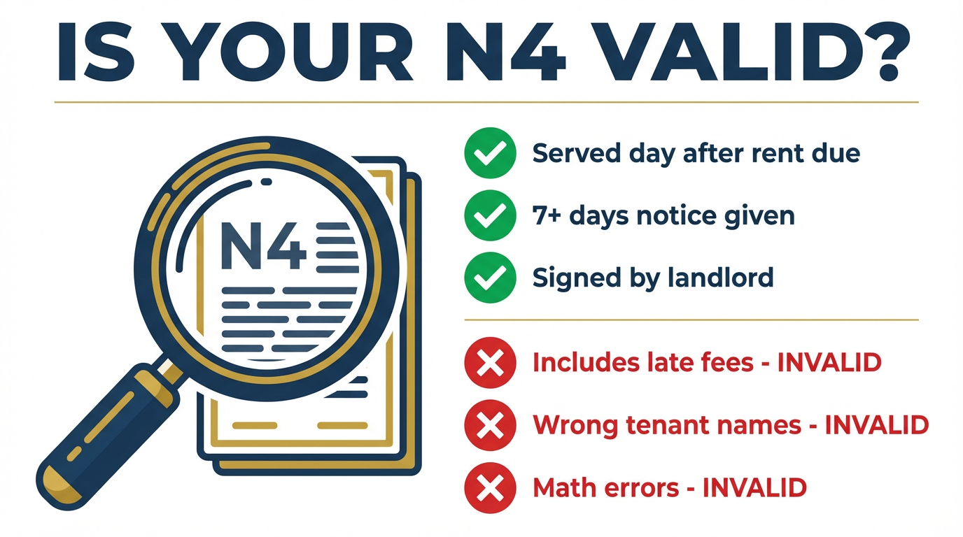 Illustrated checklist graphic titled Is Your N4 Valid? showing checkboxes with common landlord errors: wrong amount, incorrect dates, missing signatures, improper service. Red X marks on errors, green checkmarks on valid items. Magnifying glass examining a document.