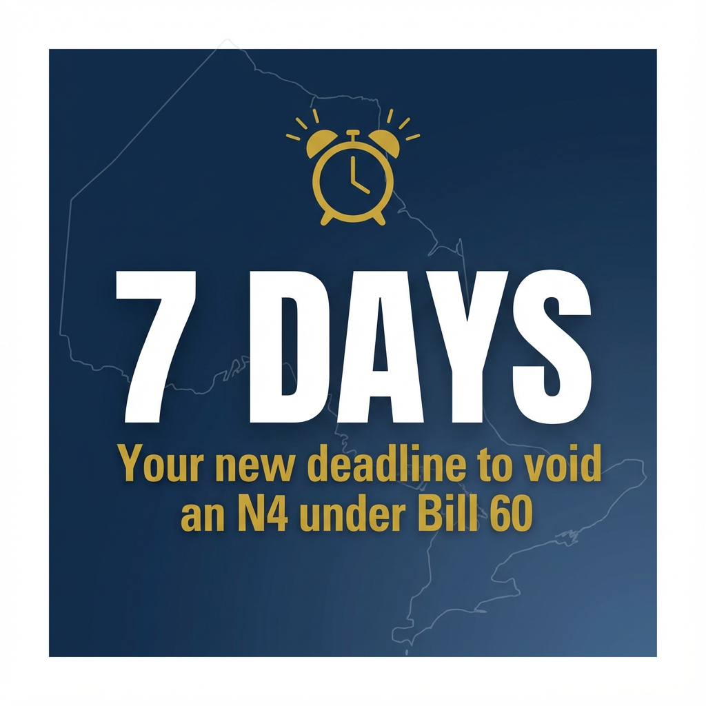 Square social media graphic with large text 7 DAYS in bold, subtitle Your new deadline to void an N4 under Bill 60, Ontario map outline in background, dark blue and gold colors, urgency-conveying design.