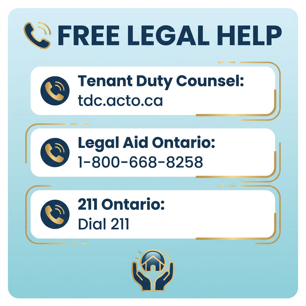 Square social media graphic with phone icon and text Free Legal Help, listing key contacts: Tenant Duty Counsel tdc.acto.ca, Legal Aid 1-800-668-8258, 211 Ontario.