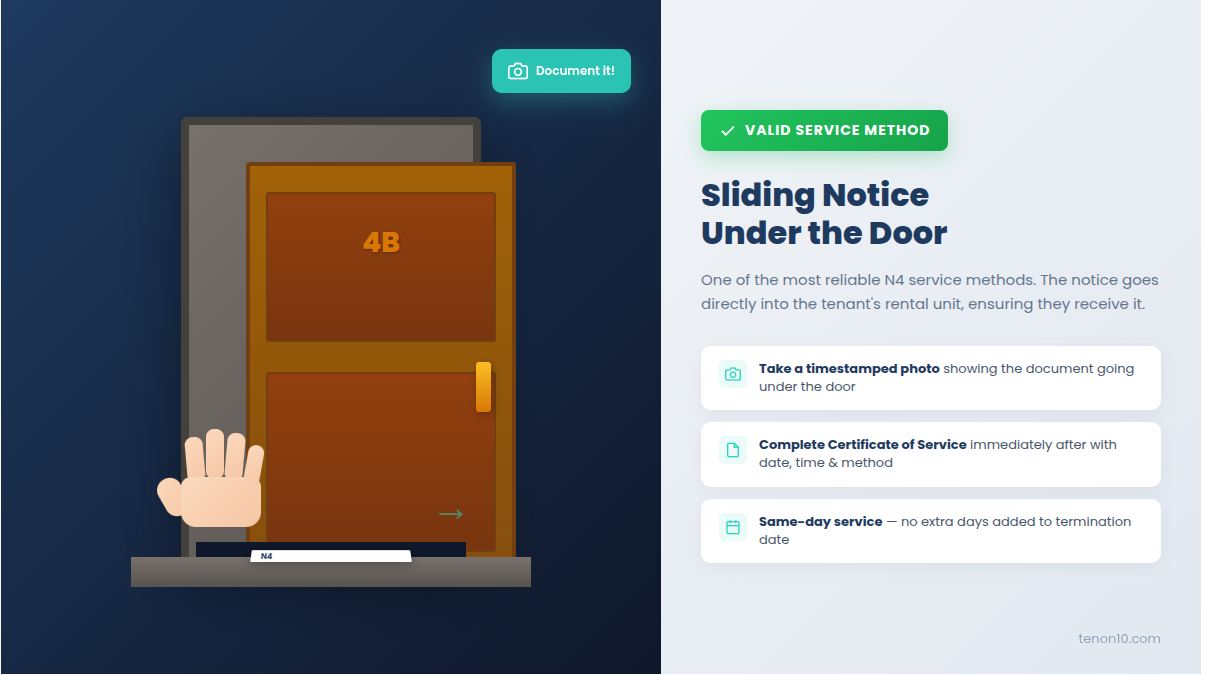 Landlord properly serving N4 notice by sliding document under apartment door, with timestamp camera visible in frame, Ontario residential building hallway setting