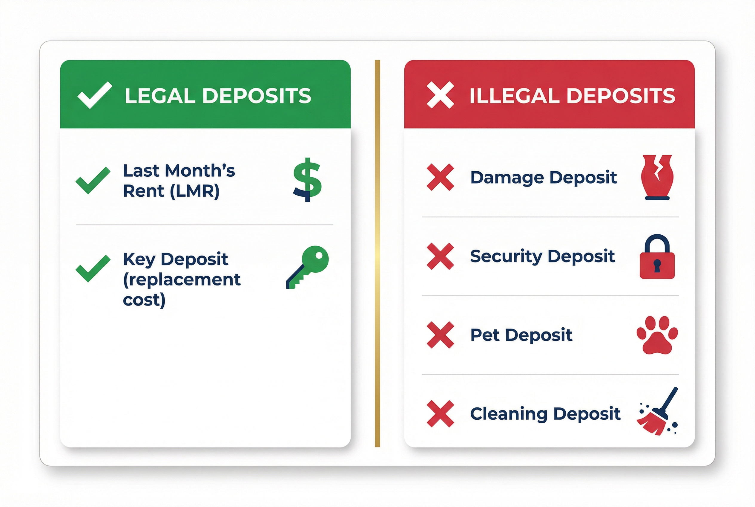 Two-column comparison table visualization: LEGAL DEPOSITS vs ILLEGAL DEPOSITS. Left column with green checkmarks: Last Month's Rent, Key Deposit (cost only). Right column with red X marks: Damage Deposit, Security Deposit, Pet Deposit, Cleaning Deposit.