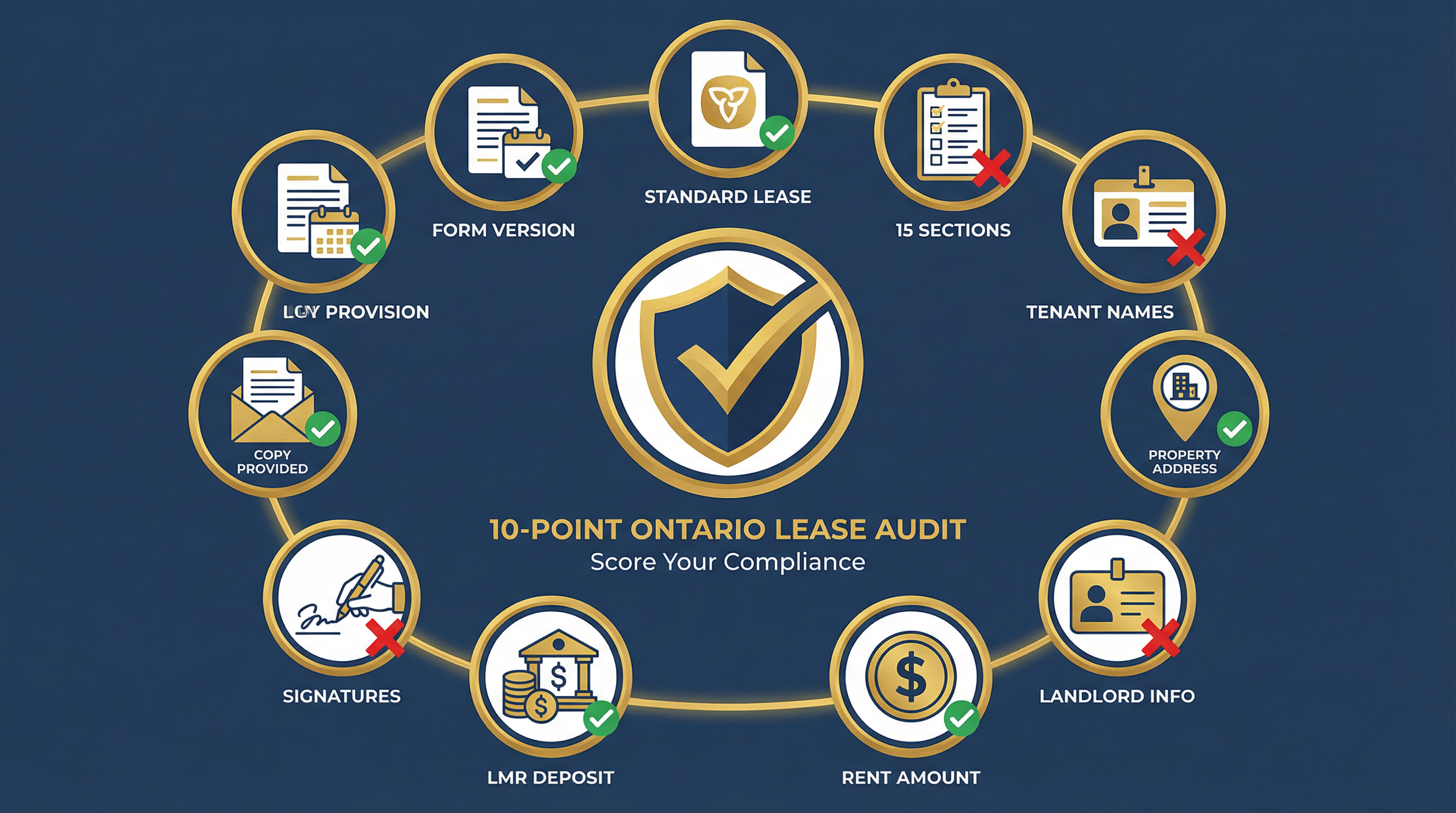 Clean infographic showing a 10-point circular checklist with icons: document icon, signature icon, address pin, dollar sign, calendar. Title: 10-Point Lease Audit with checkboxes. Green checkmarks and red X marks showing pass/fail states.