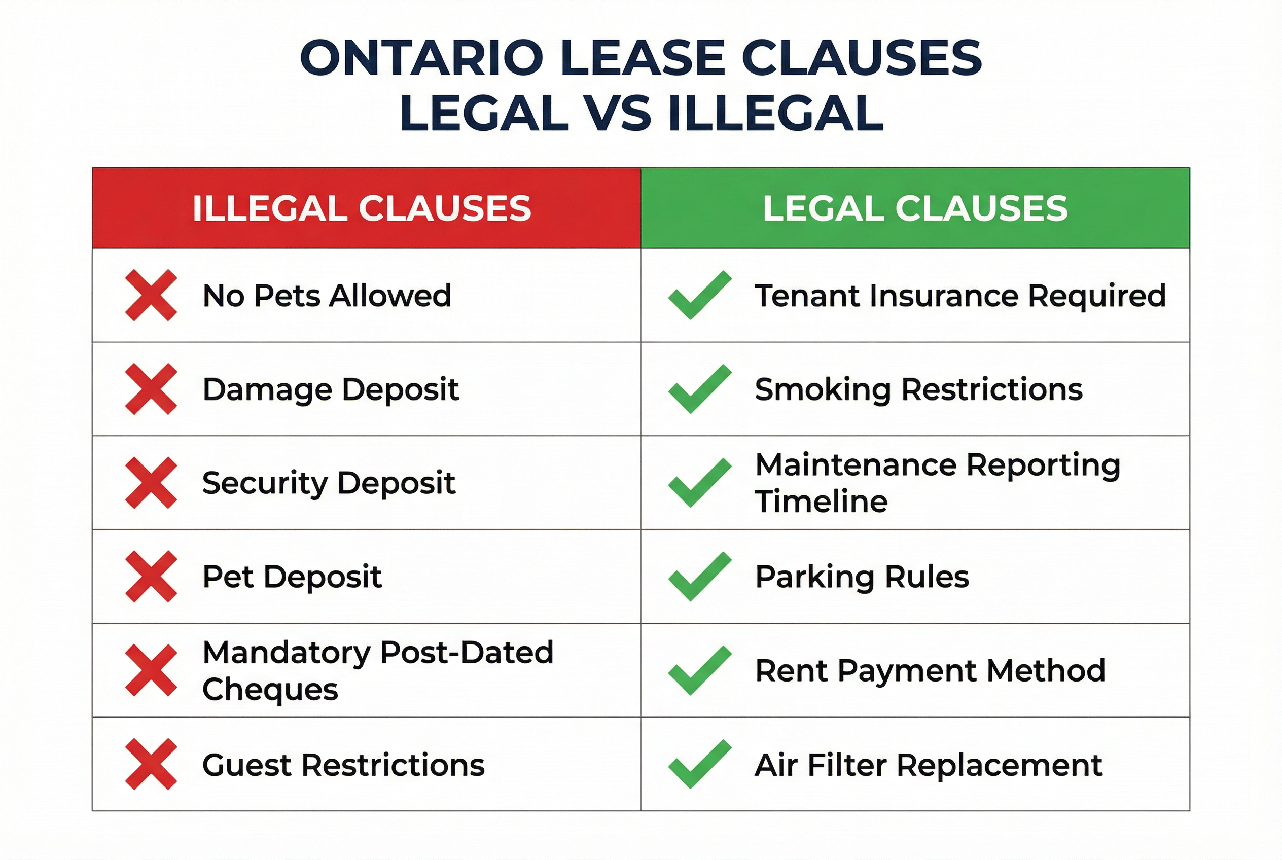 Side-by-side comparison table visualization titled Legal vs Illegal Lease Clauses in Ontario. Left column with green header shows Tenant Insurance and Smoking Rules and Maintenance Timeline and Parking Rules. Right column with red header shows No Pets and Damage Deposit and Guest Restrictions and Mandatory Post-Dated Cheques. Checkmarks and X icons.