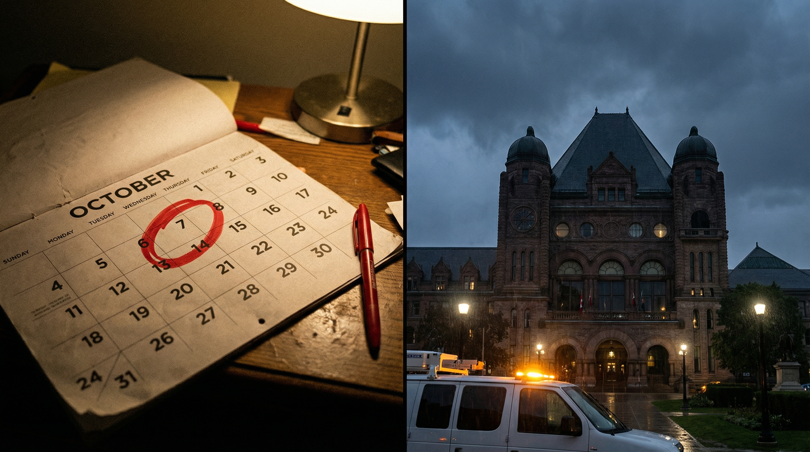 Split image showing calendar with 7 DAYS circled in red on left side, and Ontario Legislature building on right side. Visual representation of Bill 60 timeline changes. Includes small text Bill 60 N4 Notice Period Reduced at bottom.