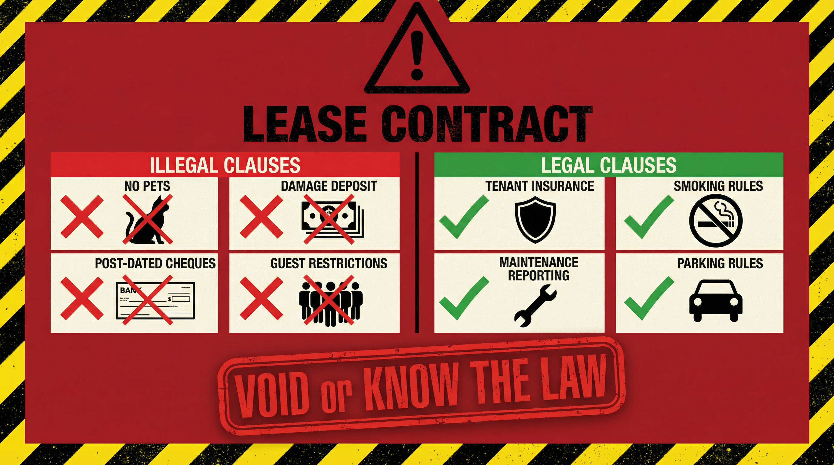 Illustration of a lease document with red X marks over common illegal clauses No Pets and Damage Deposit and Post-Dated Cheques Required and green checkmarks over legal terms. Warning caution visual style with clear iconography.