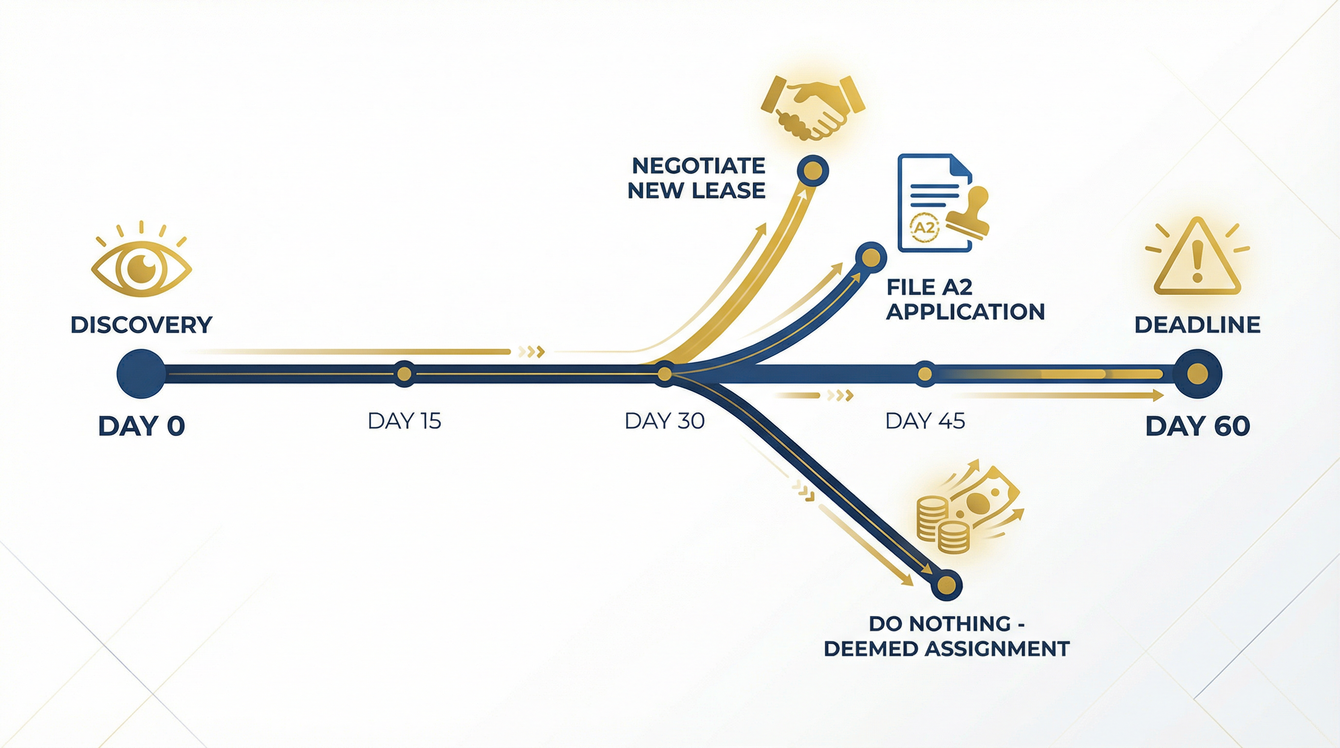 A clean 60-day timeline infographic showing three paths diverging from Day 0 Discovery through Day 60 with icons representing negotiate lease file A2 application and do nothing options using Tenon10 brand colors navy and gold