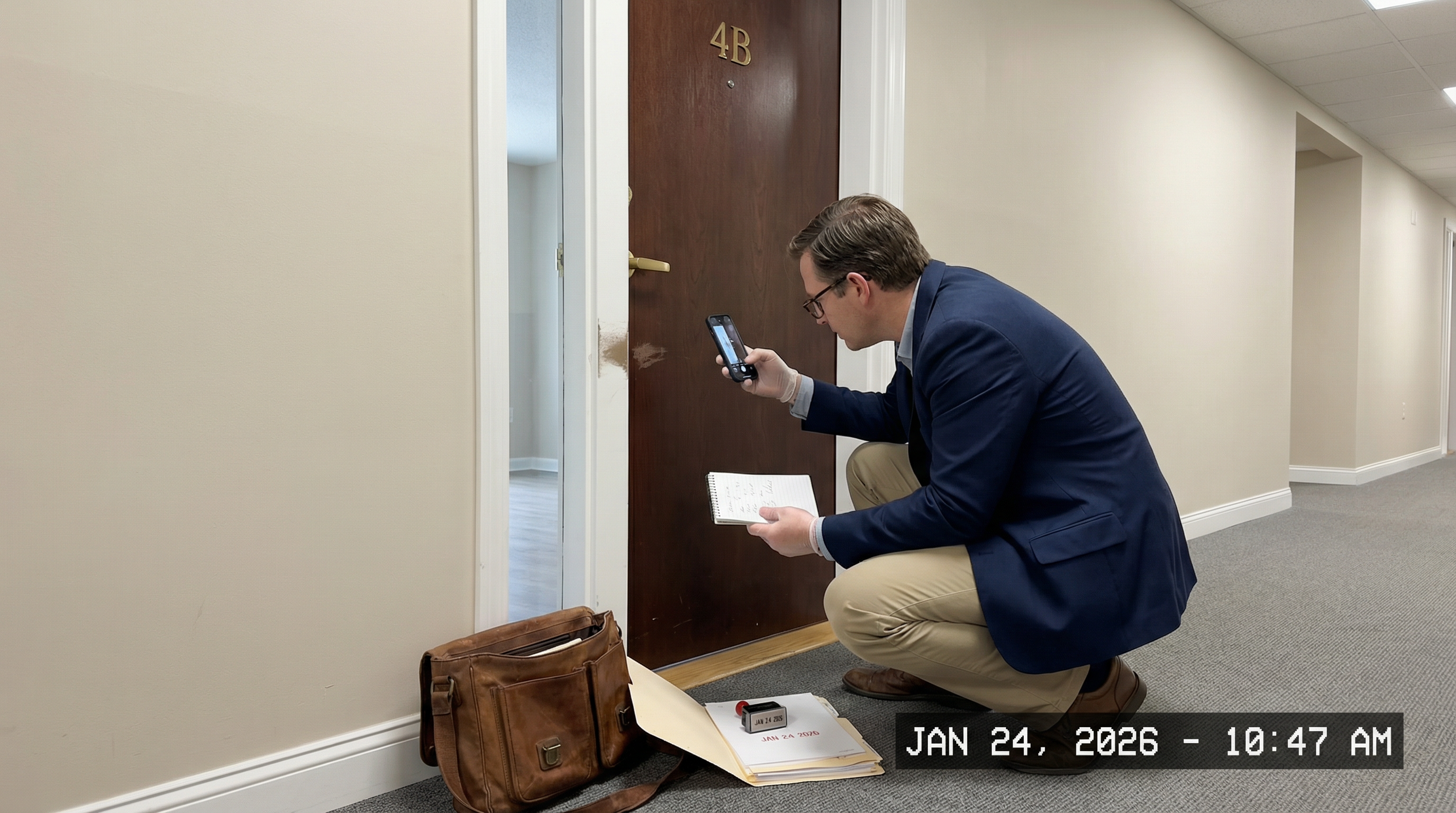 A landlord carefully documenting evidence with a camera and notepad outside an Ontario apartment door with timestamp overlay showing date and time professional and methodical atmosphere