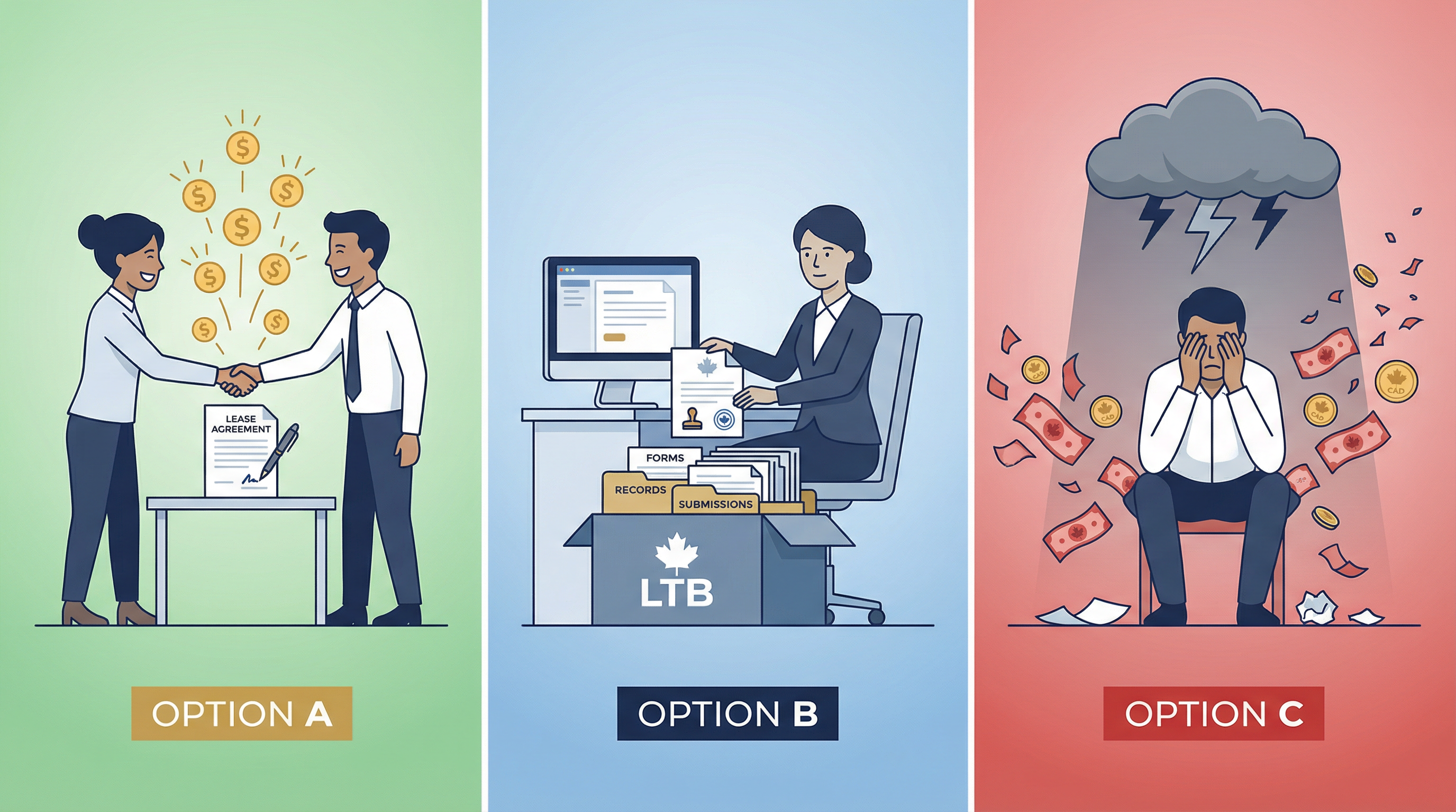 Three-panel illustration showing Option A handshake over new lease Option B filing documents at LTB and Option C sad landlord with money flying away clean modern illustration style with navy and gold accents