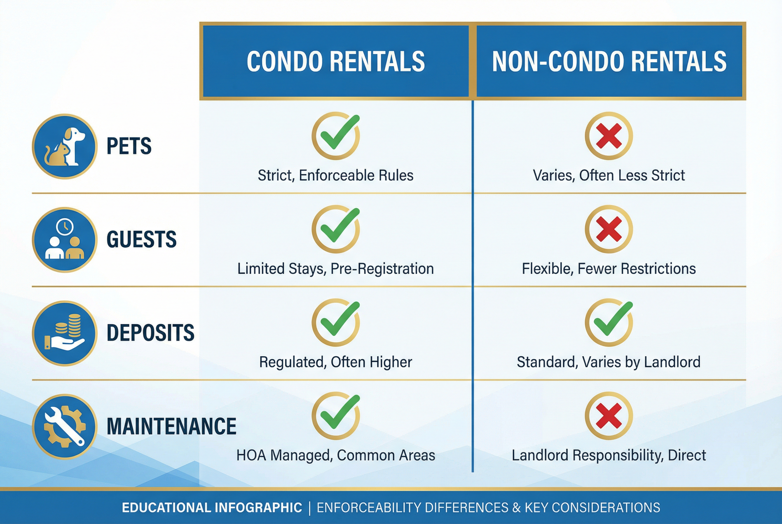 Side-by-side comparison chart showing Condo vs Non-Condo lease rules with icons representing pets, guests, deposits, and maintenance, using green checkmarks and red X marks to show what's enforceable in each scenario