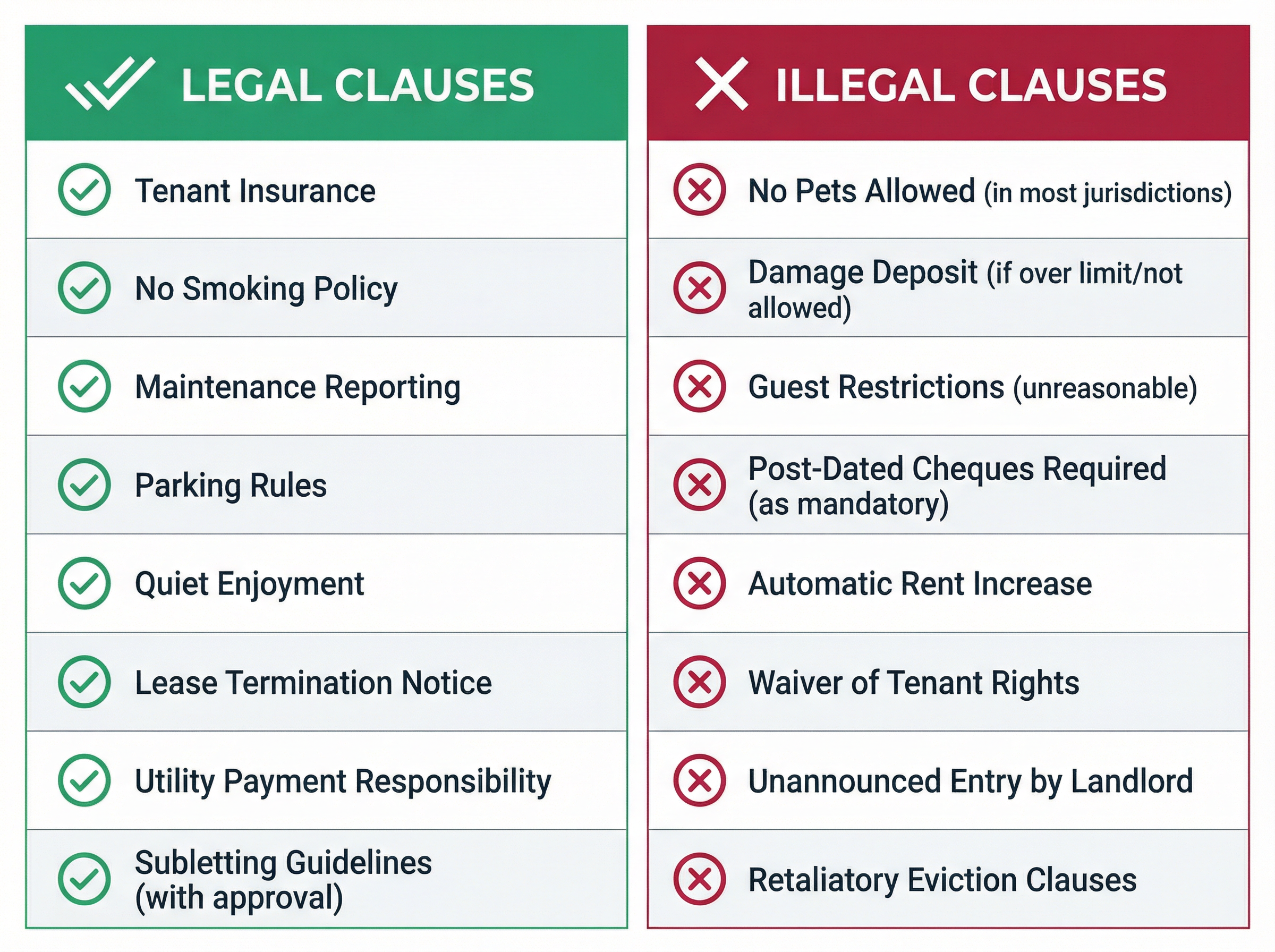 Professional comparison table infographic with two columns - Illegal Clauses (red header) and Legal Clauses (green header) - listing 8-10 examples in each column with icons, clean corporate design with Tenon10 branding colors