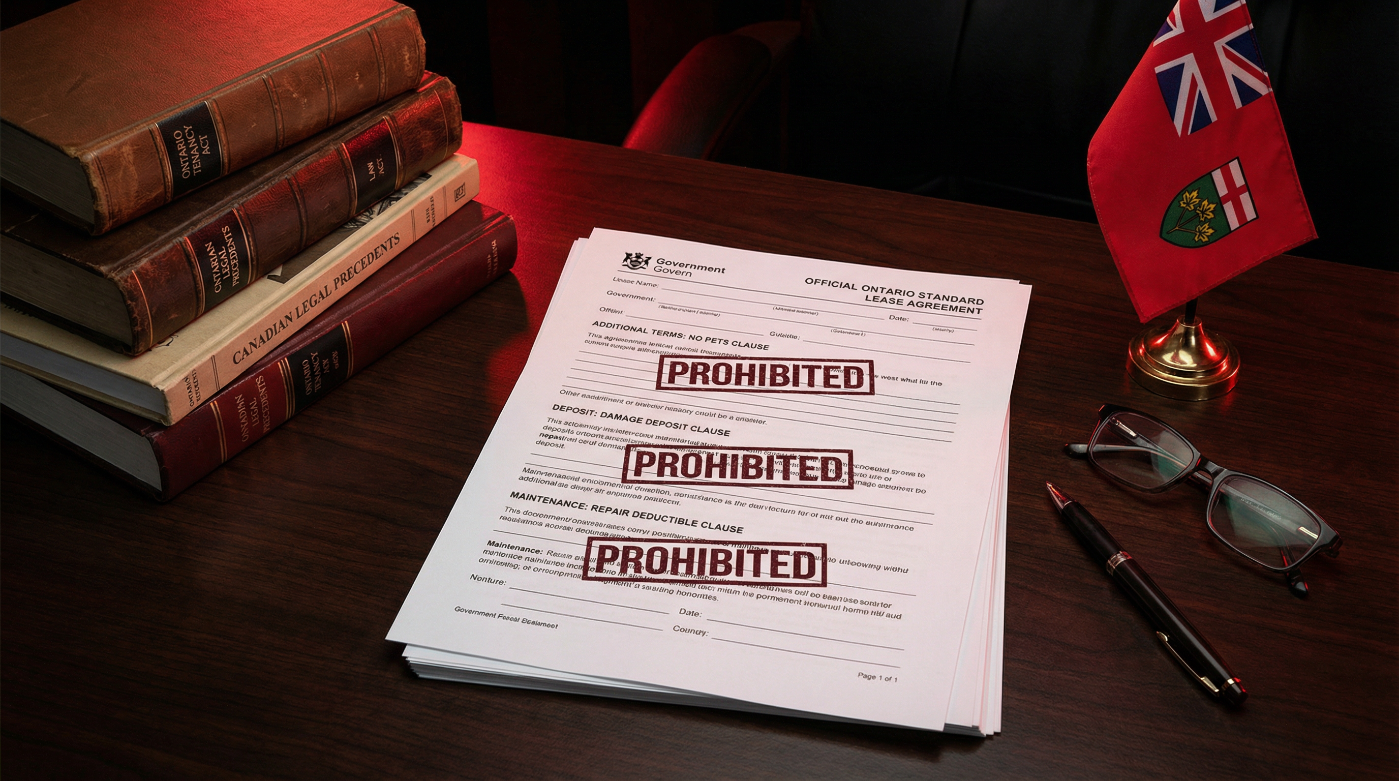 Warning-themed image showing a lease document with red prohibited stamps over illegal clause examples (no pets, damage deposit, repair deductible), professional setting with legal books and Ontario flag in background