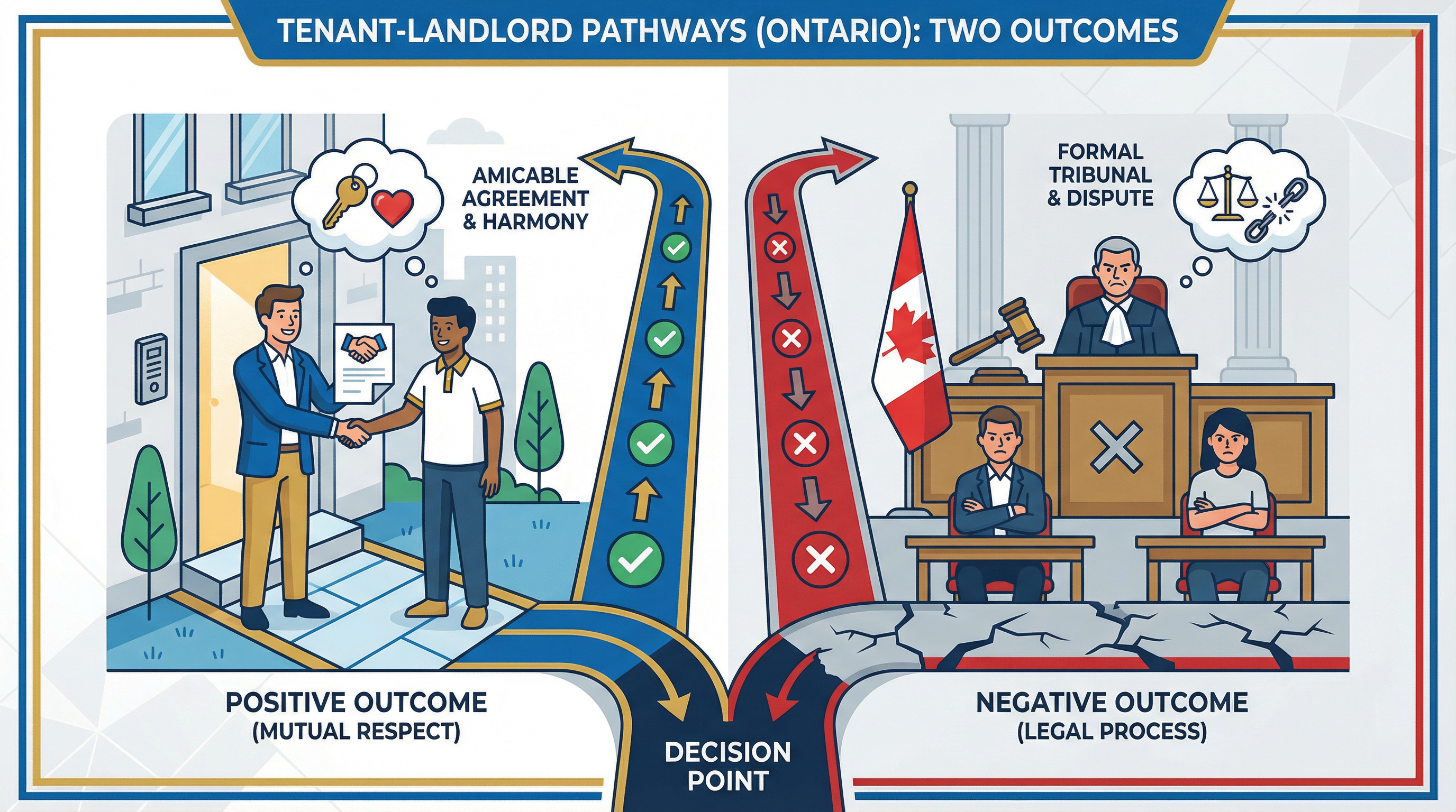 Illustrated comparison showing two paths: one path with checkmarks leading to a happy landlord-tenant handshake, another path with X marks leading to an LTB hearing room, clean modern illustration style with Ontario colors