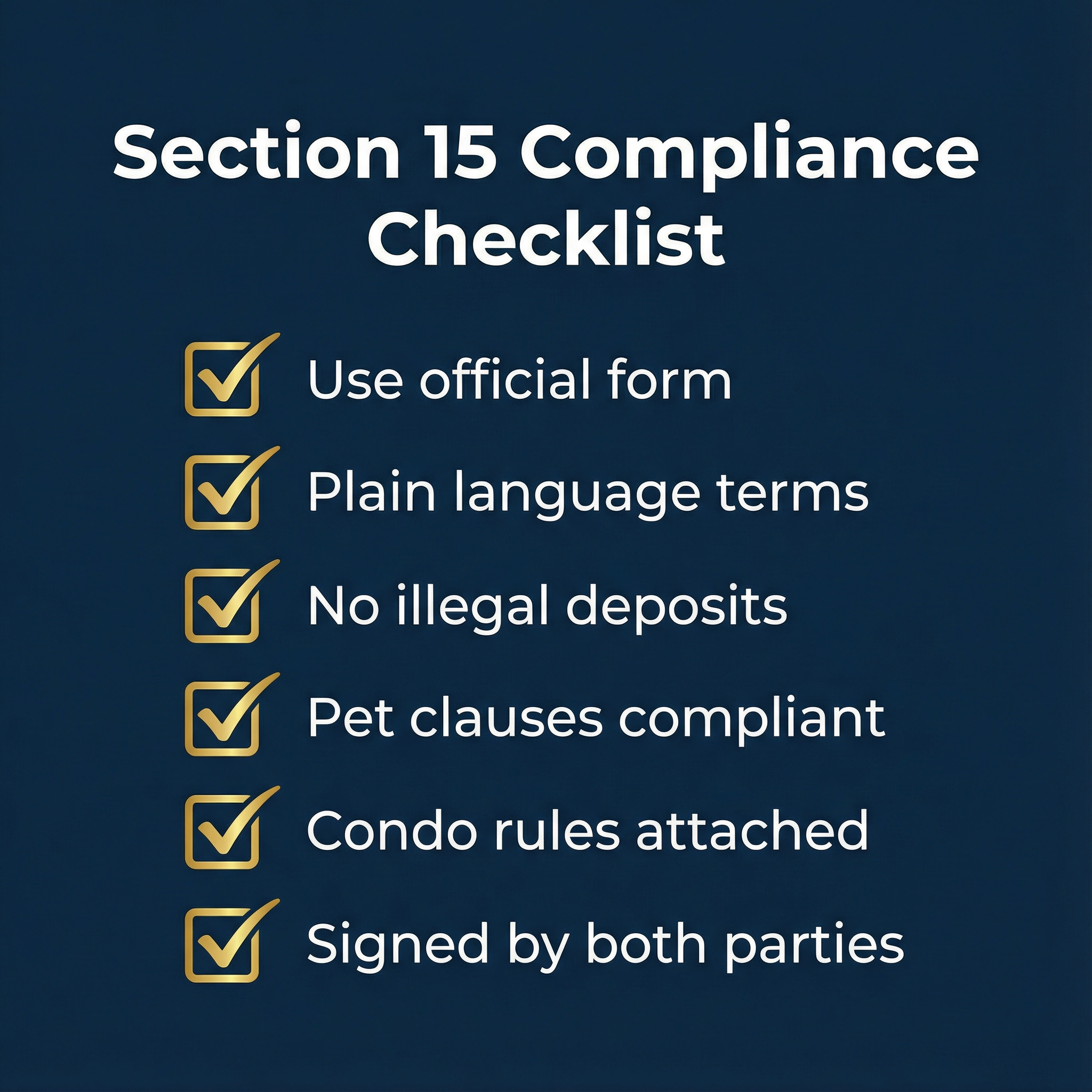 Square format checklist graphic titled Section 15 Compliance Checklist with 5-6 key items and checkboxes, Tenon10 branding, dark navy blue background with white and gold text